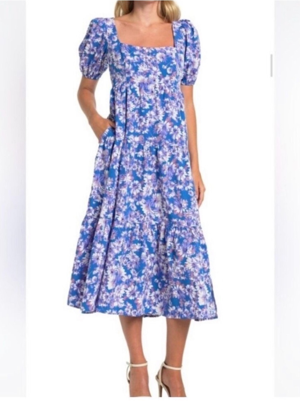 Astr Blue Floral Square-Neck Midi Dress